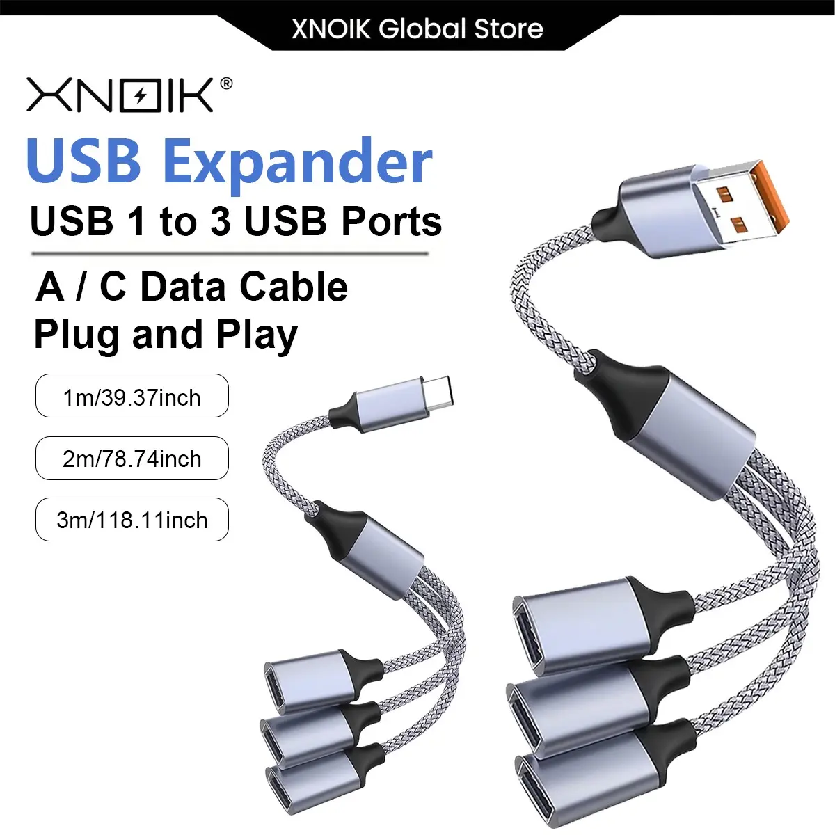 USB / Type C Splitter Cable Available in Lengths of 1M/2M/3M, Featuring One Input And Three Outputs. This Multiport Hub Adapter Allows for Quick Charging And Data Transfer, Making It Ideal for Laptops, PC, for Macbooks, for Keyboards, for Mice