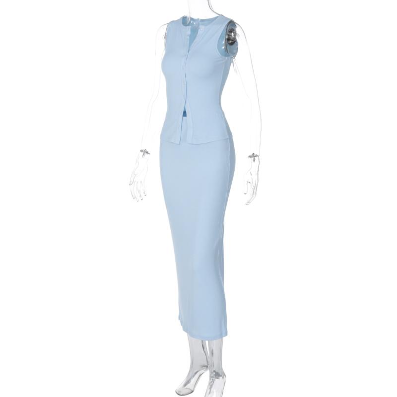 Ribbed Button Front Tank Top & Midi Fishtail Skirt Two Piece Set Women's 2025 Summer Casual Elegant Slim Bodycon Suit for Night Party Club Beach Vacation Outfits Suit