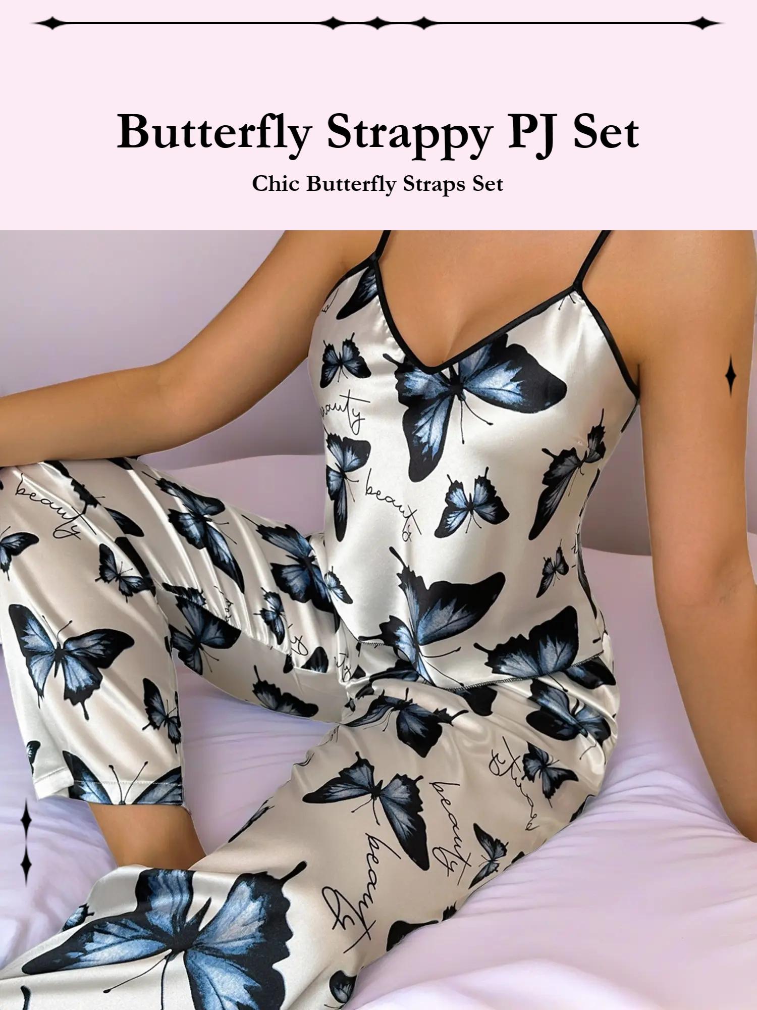 Women's Butterfly Print Strap Sleepwear Set, Comfortable Fashion Design, Perfect for Casual Wear, Ladies' Nightgown & Pajama Suit