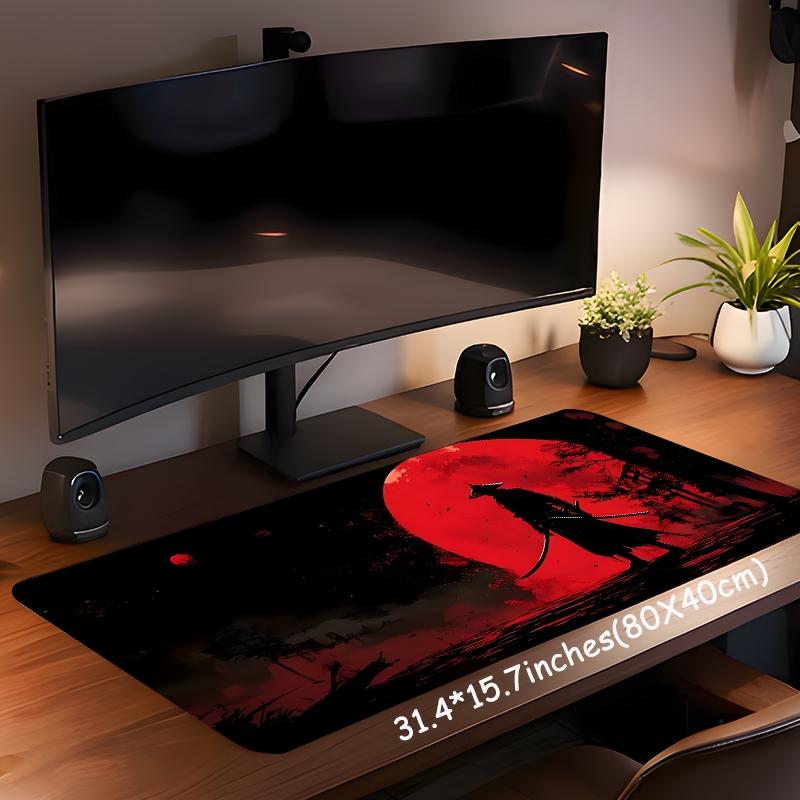 Samurai & Red Moon Pattern Mouse Pad, Rectangle Gaming Mouse Pad, Non-slip Rubber Base Keyboard Mat for Home Office Desk Accessories