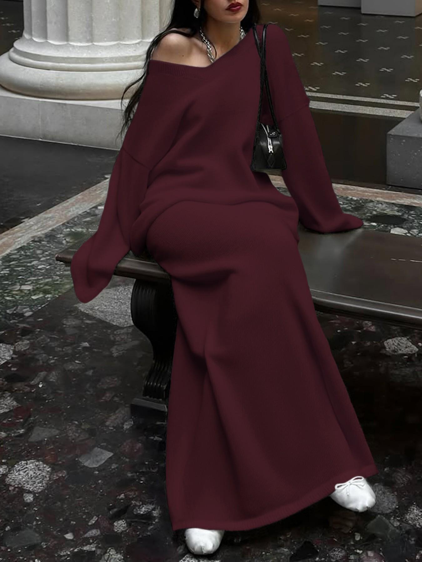 Autumn Winter Casual Loose-Fit Long Sleeve Sweater & Long Skirt Set, Two-Piece Knitwear, Comfortable & Stylish Women's Clothing, Outfit Sets Women