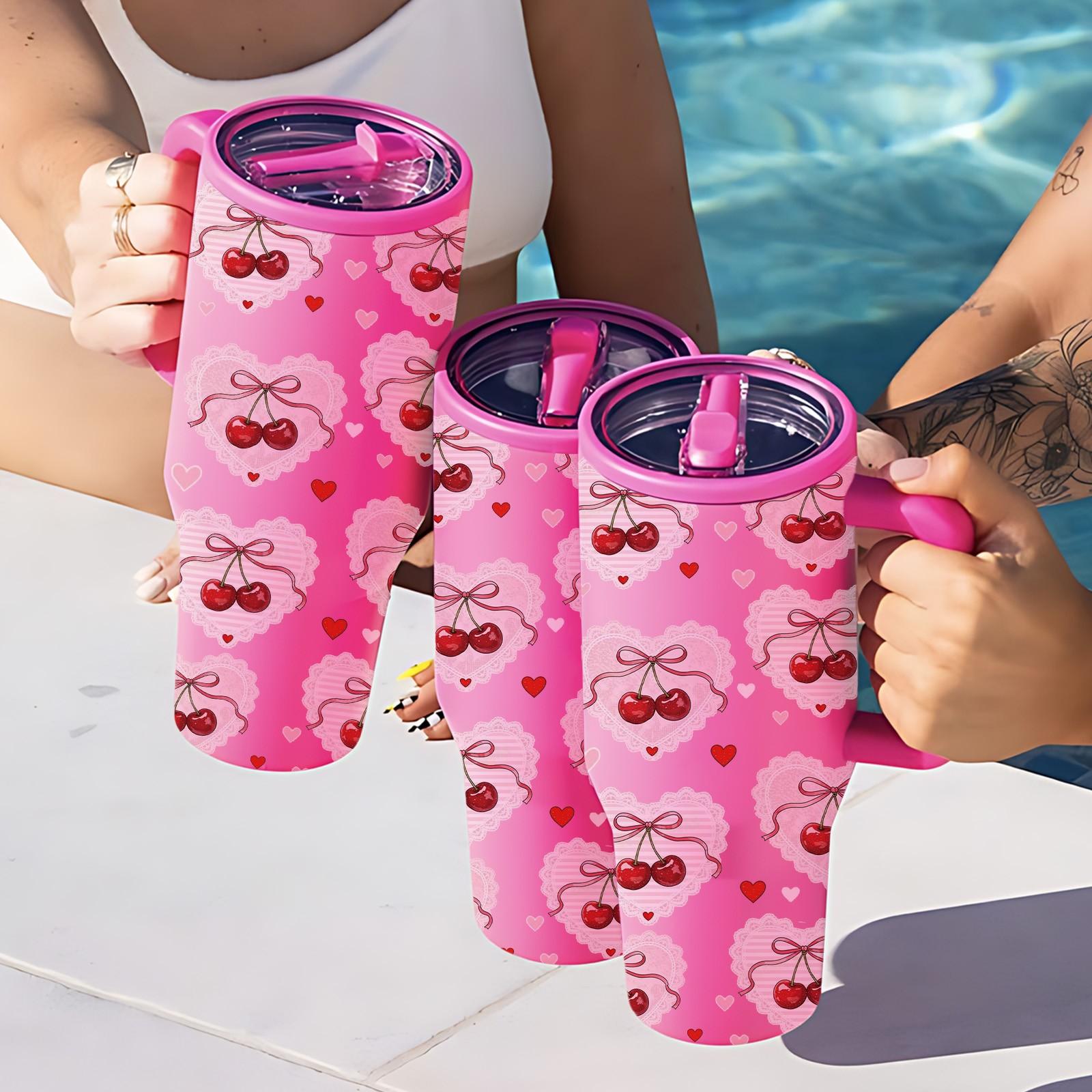 1 Pc 40oz Double Layer Insulated Mug, Tumbler, Vintage Cherry Bow Pattern Thermal Mug, Double Wall Vacuum Mug with Straw Lid and Handle, Keeps Hot 12 Hours, Cold 24 Hours, Large Capacity Car Cup for Hot Cold Drinks, Gift for Women Holiday Daily Use