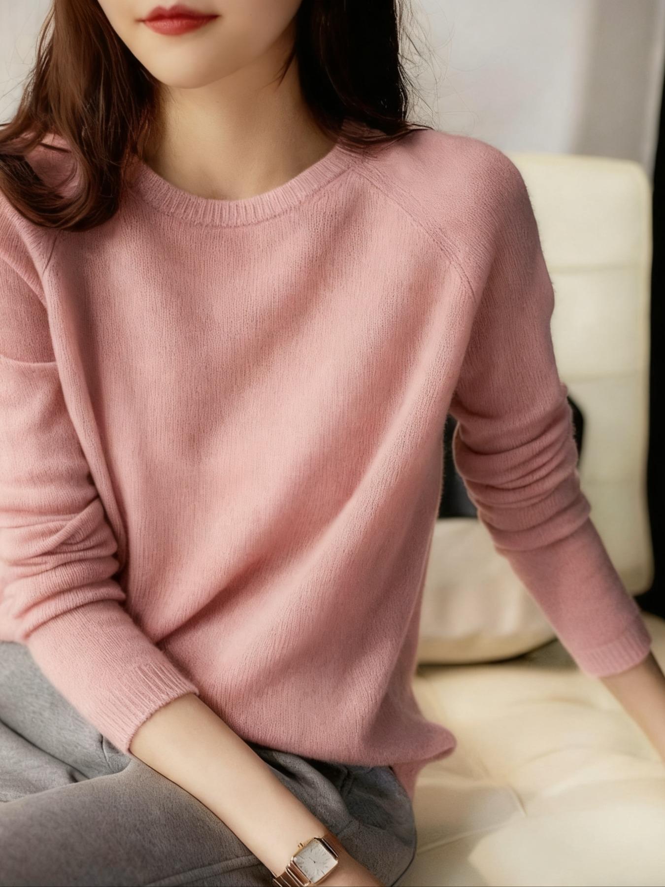 Women's Knitted Long Sleeve Fitted Sweater Pullover, Round Neck Design, Basic Pure Color Casual Top, Fall & Winter Essential, Versatile Daily Wear
