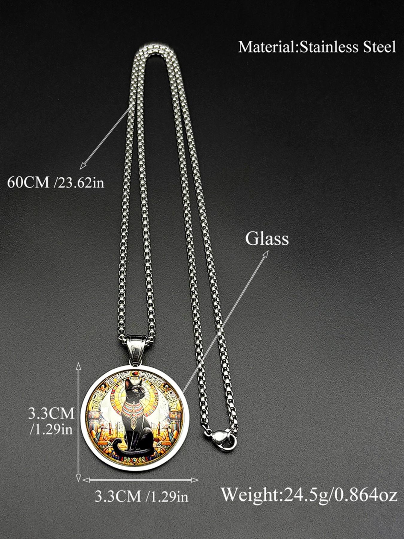 Vintage Black Egyptian Cat Goddess Bastet Glass Pendant Necklace Stainless Steel Gold Color Ancient Egypt Chain Amulet