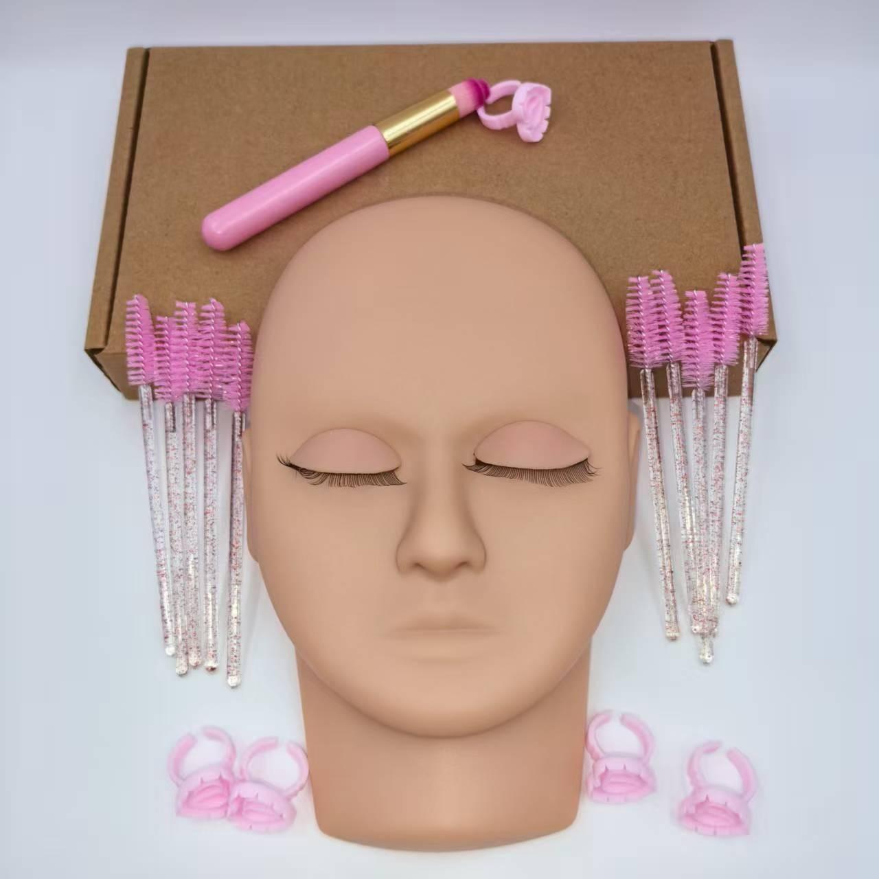 Portable False Eyelash Practice Head Model Kit, Detachable Eye Module, Small Portable Lashes Practice Model, 10 Brushes, 5 Glue Rings, Cleaning Brush