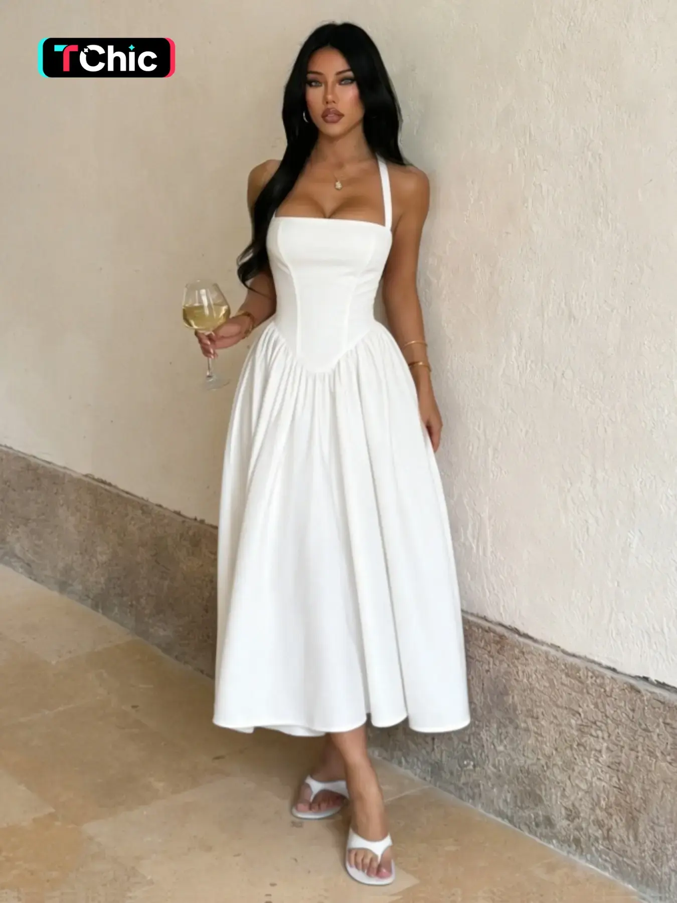 Women's Sleeveless Halter Backless Solid Maxi Dress, Elegant Fitted A-Line Dress for Daily Outdoor Wear, Summer Casual Dress