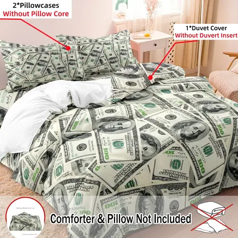 Money Dollar Pattern Bedding Set, Comfy Bedding Set, Theme Bedding Set, Patterned Bedding Set, 3 Counts Including 1 Count Duvet Cover & 2 Counts Pillowcases, Soft Comfortable Bedding Set for Bedroom Guestroom (Comforter Not Included)