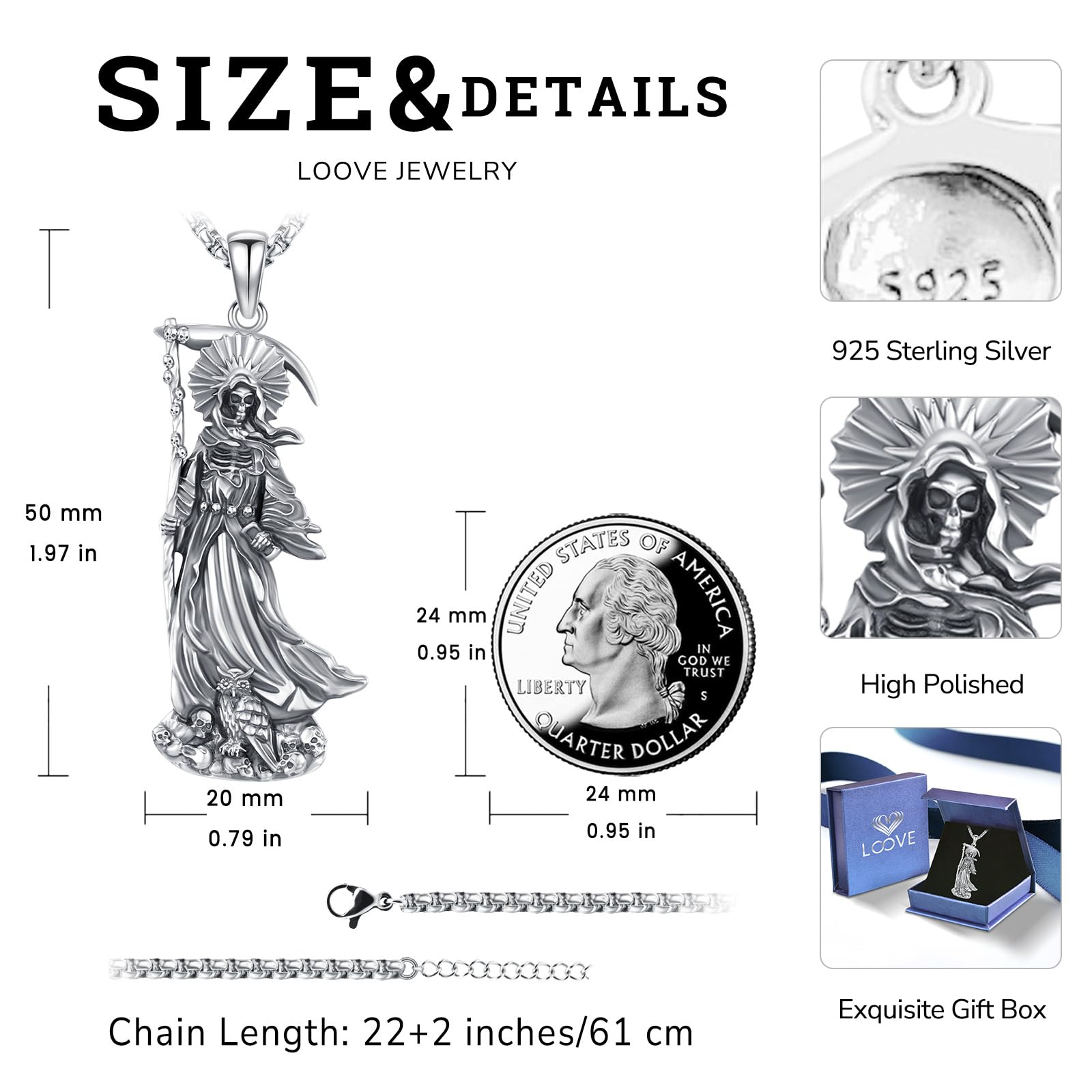 Thanches Santa Muerte Necklace S925 Sterling SIlver Death Holy Amulet Jewelry Gift  Magic Wiccan Pagan Protection for Women Men