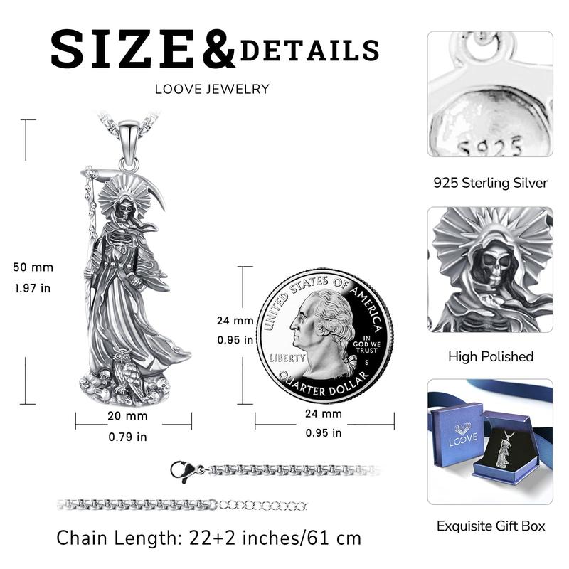 Thanches Santa Muerte Necklace S925 Sterling SIlver Death Holy Amulet Jewelry Gift  Magic Wiccan Pagan Protection for Women Men