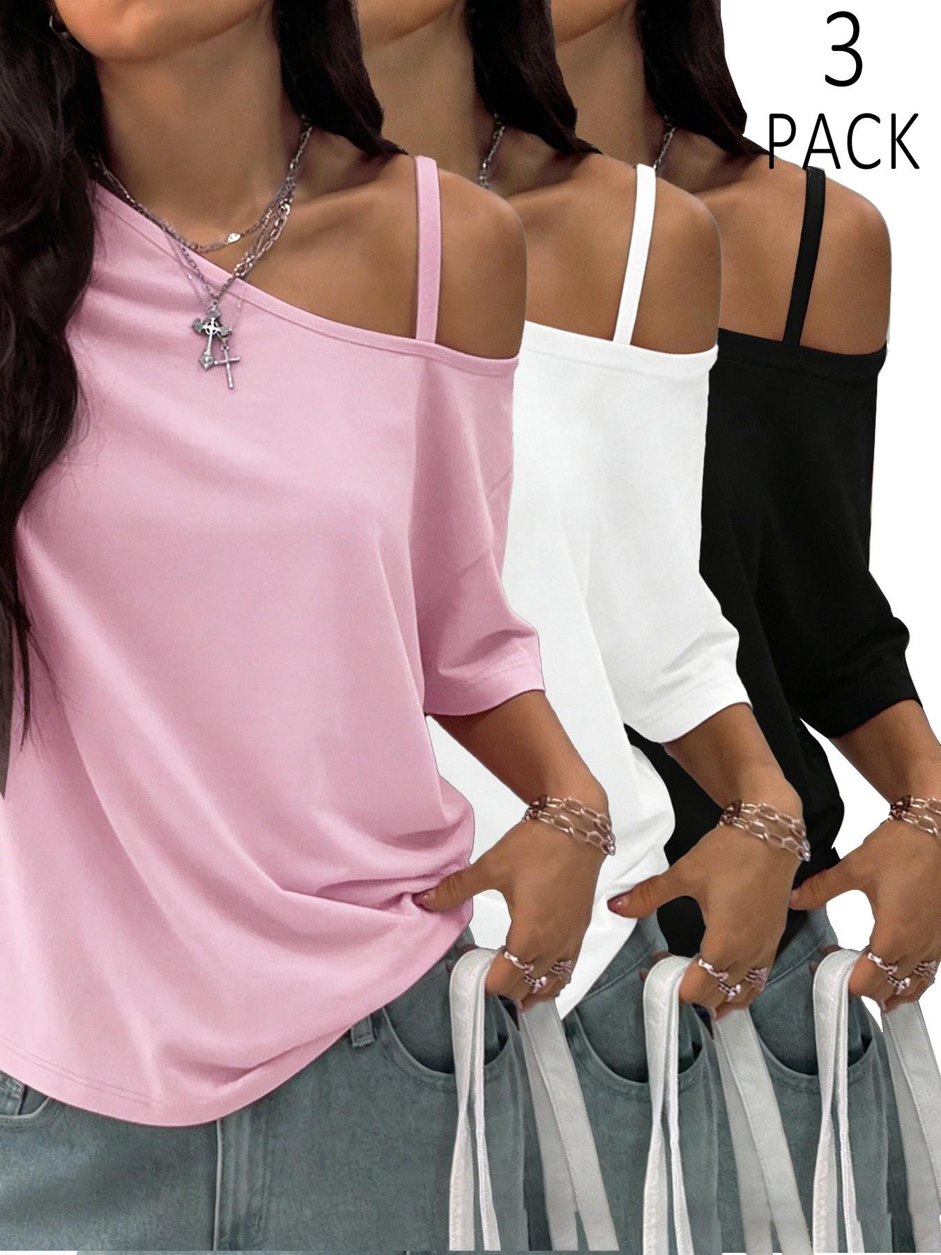 Women's 3 Pack Asymmetrical Off Shoulder Tops Women's Asymmetrical Off-Shoulder Top Set, Casual Half Sleeve One Shoulder Tank Tee, 2026 Trendy Y2K Street Style, Comfortable Loose Fit Casual Street Style Blouse for Teen Girls and Young Women