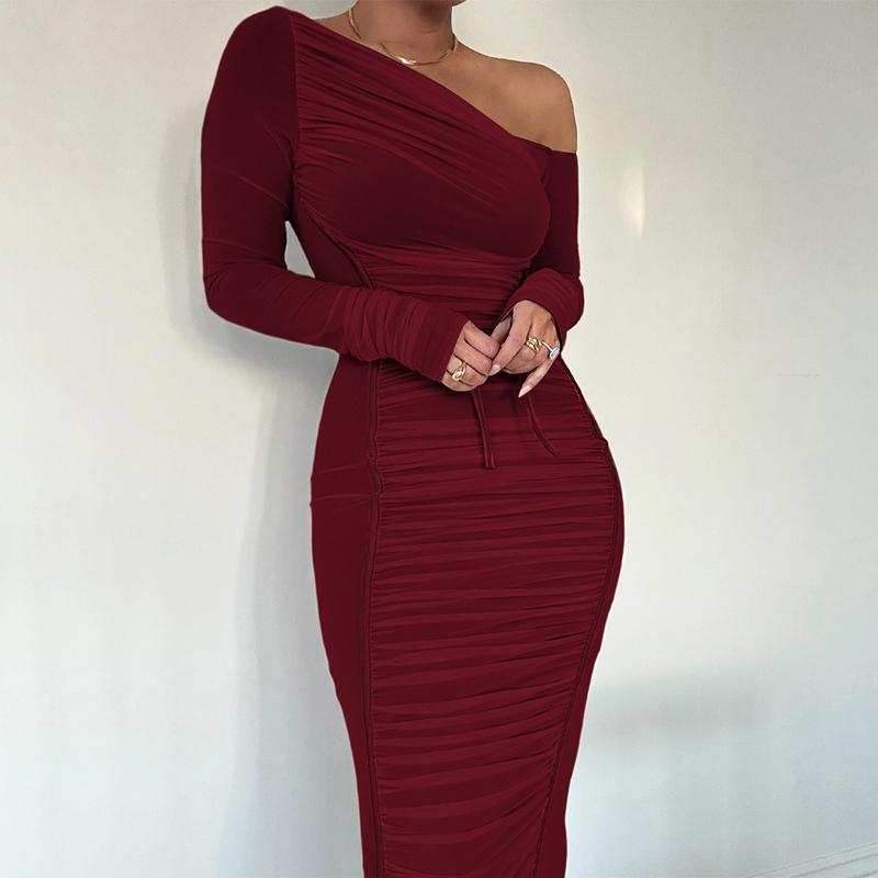 Women's Striped Ruched Asymmetrical Neck Bodycon Stretch Dress, Elegant Long Sleeve Dress for Parties, Clubs and Dates, Women's Clothing for Spring & Fall, Womenswear