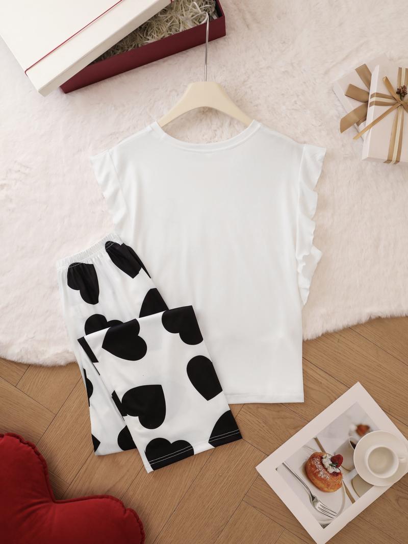 Two-Piece Set Women's Heart Print Round Neck Ruffled Sleeve Tee & Elastic Waist Pants Pajama Set, Regular Fit Casual Comfy Crew Neck Top & Trousers PJ Set, Ladies Summer Sleepwear