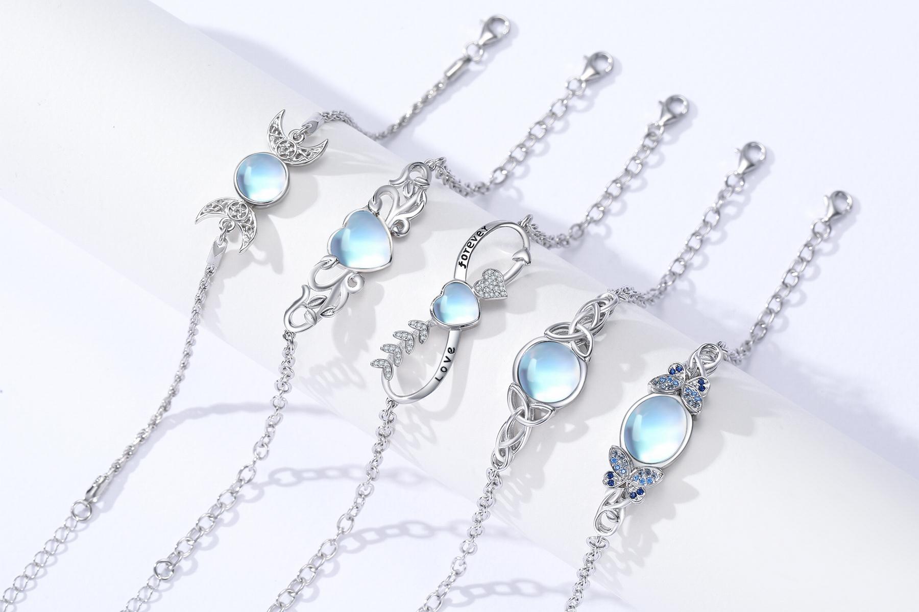 DRINSPER Moonstone & 925 Sterling Silver Elegant Bracelet, Hecate Triple Moon Goddess Bracelet, Artificial Moonstone, Pagan Wiccan Amulet Bracelet, Artificial Moonstone,Fashion Celtic Knot Crescent Moon,Elegant Jewelry Accessory for Women Girlfriend Girls