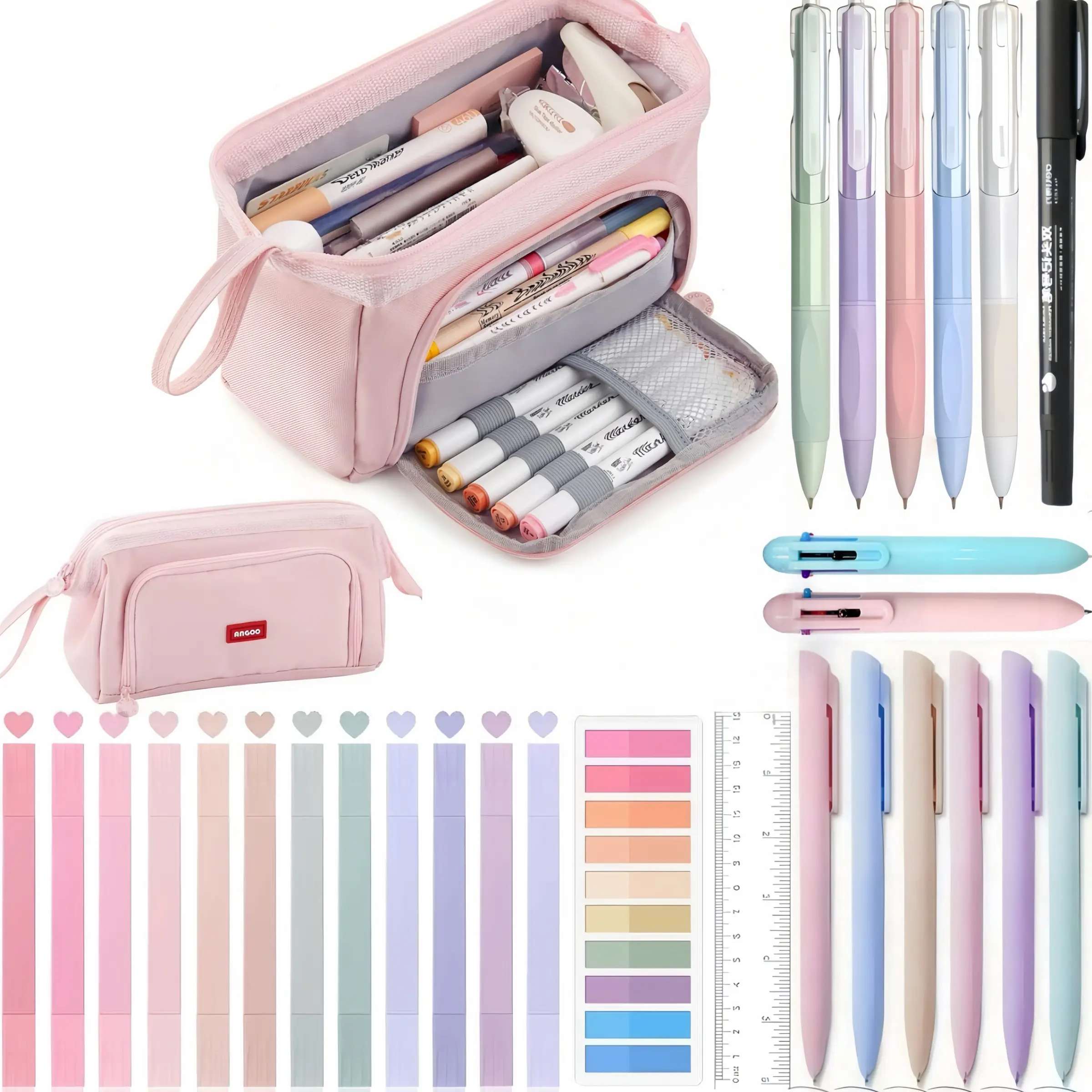 29pcs School Supplies Stationary Set with Pink, blue, purple, green Pencil Case, Back to Schoo Supplies, Pen Case with 12 Highlighter, 5 Gel Pen, Essentials for College, Nursing Student.for Women Men.
