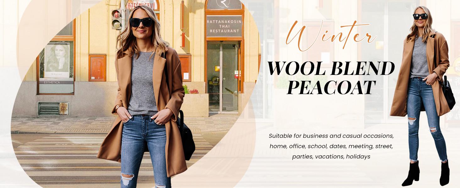 SCUSTY Women's Notched Lapel Winter Wool Coat Single Breasted Pea Coats Wool Blend Blazer Jacket