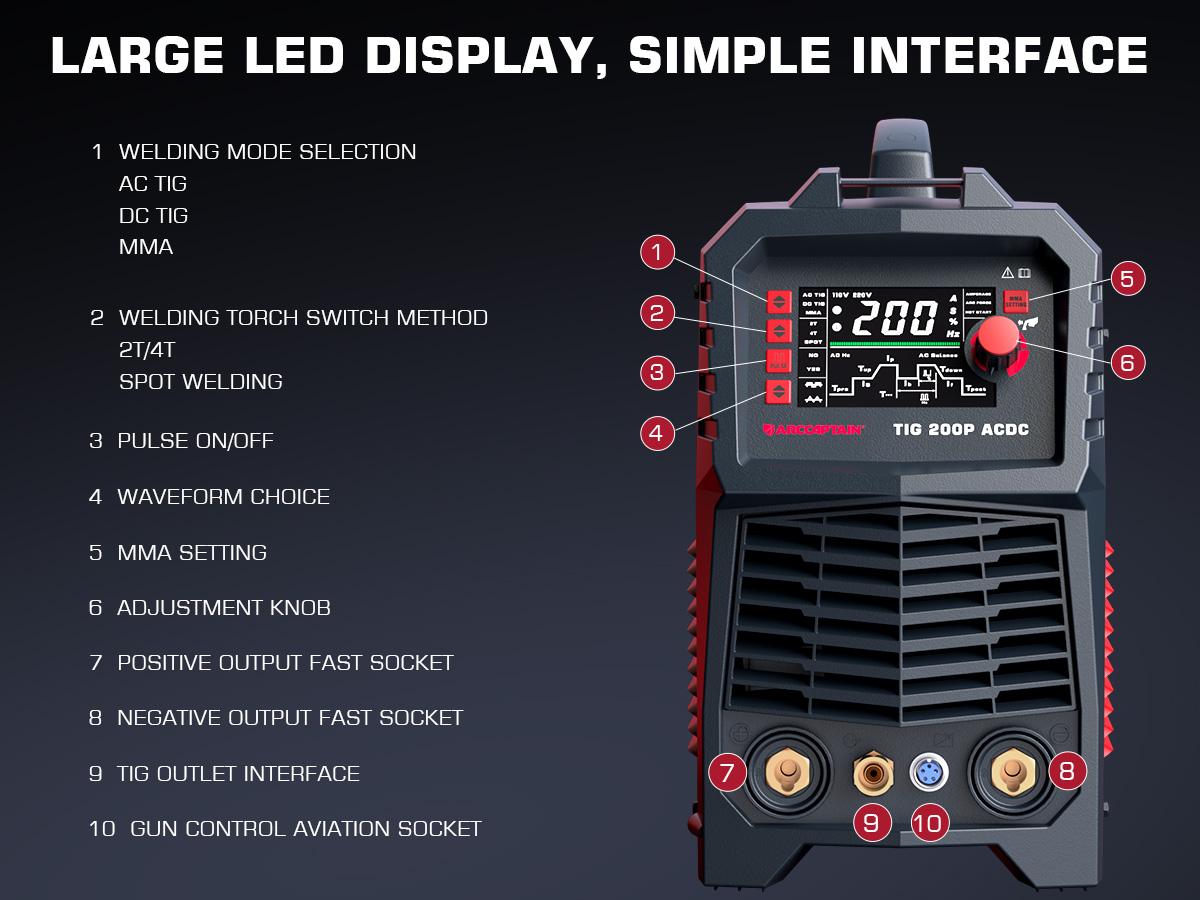 ARCCAPTAIN TIG Welder AC/DC 200Amp with Pulse, Aluminum TIG Welder 110V/220V TIG Welder with Square/Triangular Wave/Stick/MMA/Spot MultiProcess Welding Machine