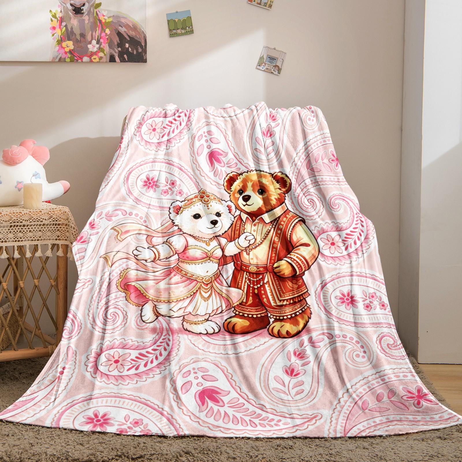 Ethnic Couple Bear Throw Blanket, Soft Skin-Friendly Plush Fleece, Lightweight Cozy, Pink Paisley Floral Print, for Couch Bed Office, All Seasons, Aesthetic Room Decor, Perfect Gift