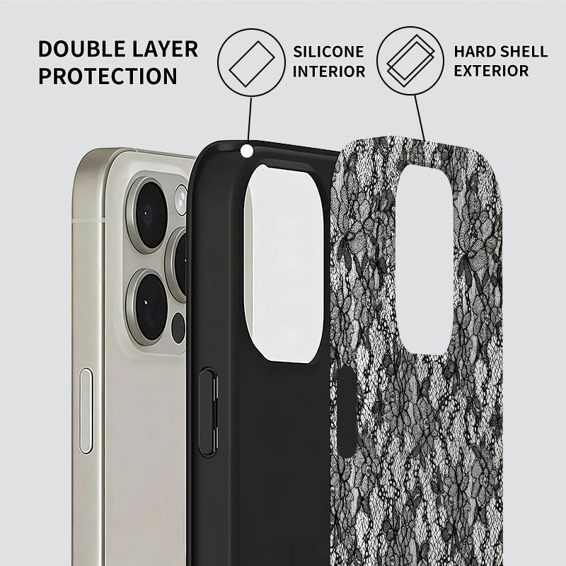 Black lace creative pattern, stylish and unique 2-in-1 phone case, durable and anti-drop, suitable for iPhone 17 16 15 14 13 12 11 Plus Pro Max Air, Samsung Galaxy S Series and A Series, a gift for family and friends
