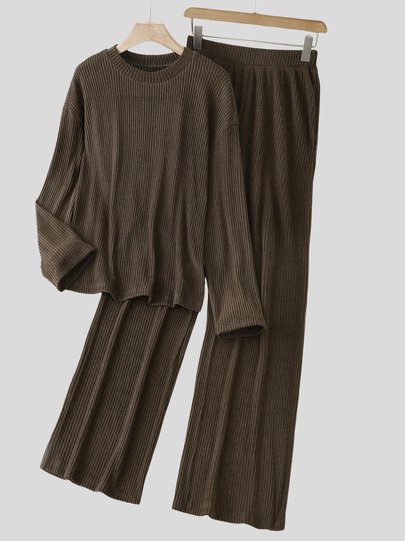 Women's Solid Color Round Neck Drop Shoulder Long Sleeve Knit Top and Loose Wide Leg Pants Set, Casual Home Wear, Comfortable and Versatile