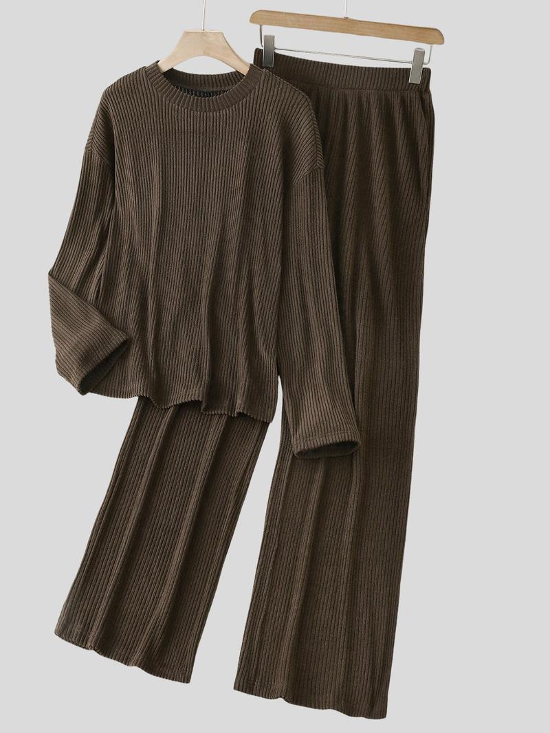 Women's Solid Color Round Neck Drop Shoulder Long Sleeve Knit Top and Loose Wide Leg Pants Set, Casual Home Wear, Comfortable and Versatile