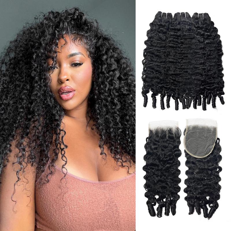 Burmese Curly Bundles With 4x4 Lace Closure Human Hair Unprocessed Burmese Raw Hair Extension Real Human Hair Natural Color Spiral Curly Hair Weft Extensions