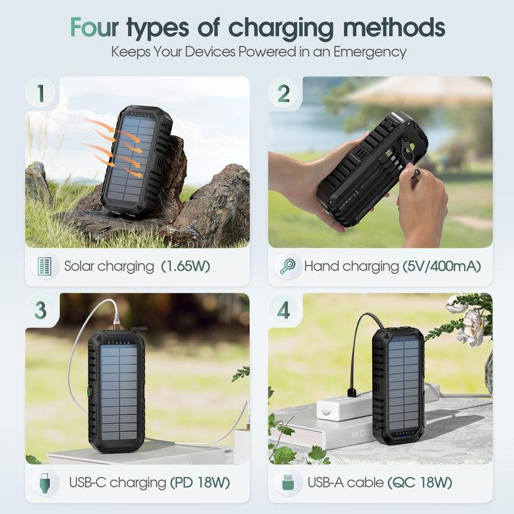citicr 40000mAh solar hand-held power bank, with 4 built-in cables for output and input, super bright flashlight, level gauge, compass, 6 output PD20W fast charging, hand-cranked point charger, suitable for outdoor camping, fishing, mountain climbing, etc