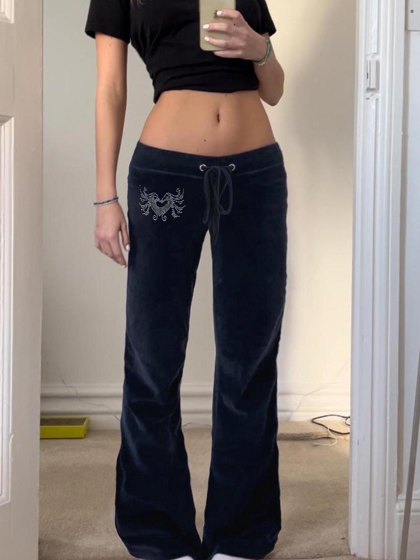 Vintage Y2K Heart Rhinestone Velvet Low Waist Flare Pants Women, Slim-Fitting All Season Fashion, Moderate Fabric Style