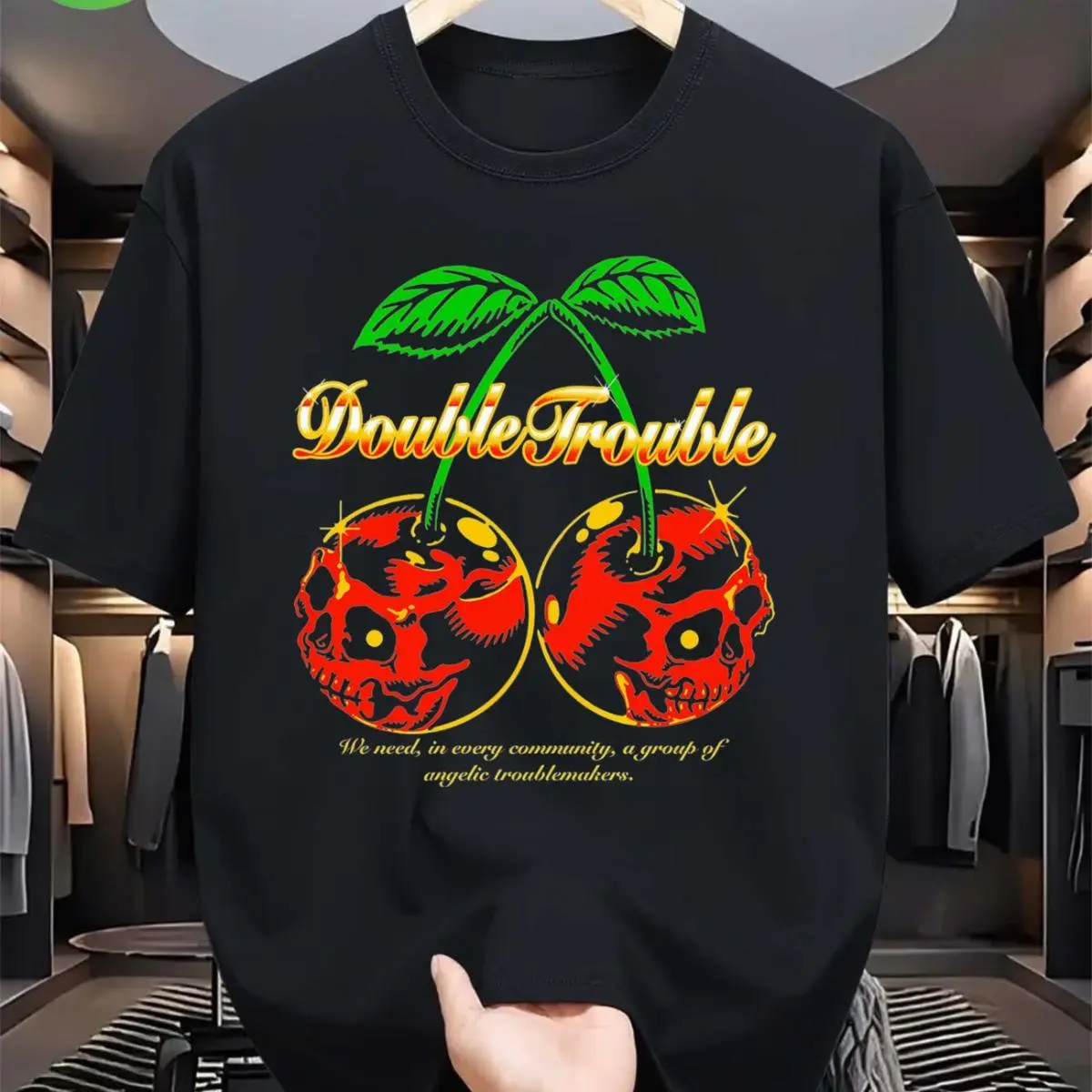 Double Trouble Skull Cherry Graphic T‑Shirt, Retro Dark Style Skull Cherry Printed Craft Tee, Soft Cotton Comfort Short Sleeve Top, Fashion Edgy Streetwear Outfit For Men Women, Perfect Valentine’s Day Gift, Cool Holiday Present For Him Her Family Friends