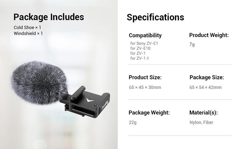 SmallRig Cold Shoe Adapter with Wind Muff Windshield for Sony ZV-1F / ZV-E10 / ZV-1 / ZV-E1 / ZV-1 II, Wind Furry for Light Microphone Attachment - 3526
