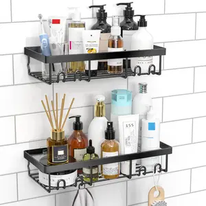 Shower shelf storage rack, self-adhesive black bathroom storage basket, farmhouse style wall storage and decoration for home, RV accessories, essential for beginners camping and apartment living: Home and Kitchen