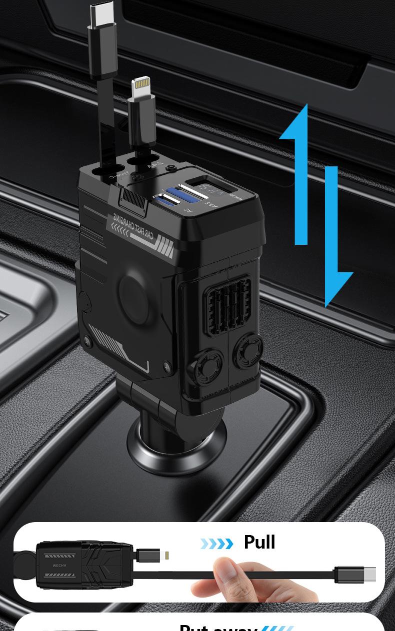 Joytutus 120W Retractable Car Charger 4-in-1 Fast Charging for iPhone Samsung iPad with 2 USB C Cables Type-C Output 5V/3A USB-A 5V/2.4A 12V-24V Devices