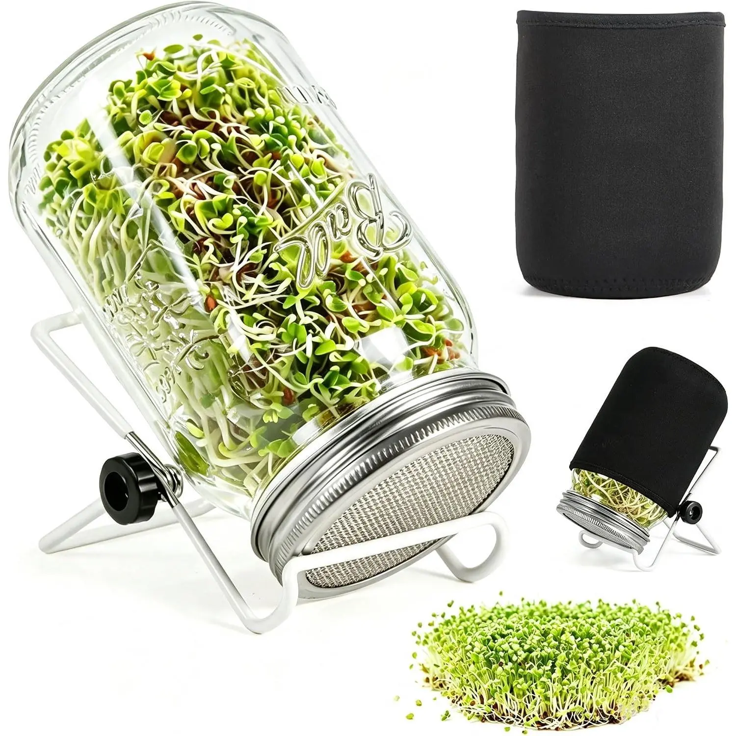 Sprouting Jar Kit,Wide Mouth Quart Mason Jars with Screen Sprout  & Stand,32oz, with Sleeves,Sprouts Growing Kit,Sprouting Kit for Broccoli Alfalfa & Bean Microgreens