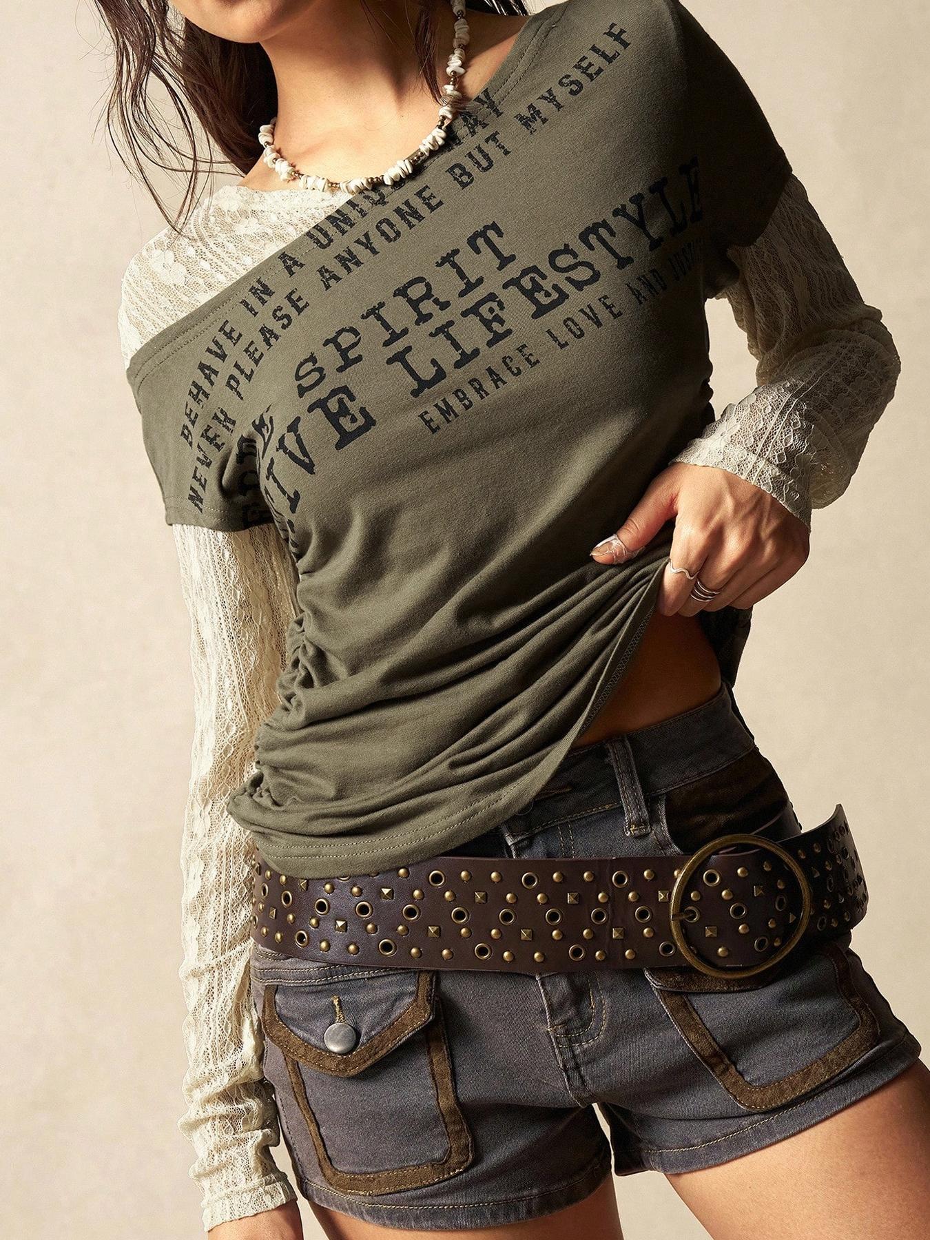 Letter Print Faux Two-Piece Long Sleeve Fitted T-Shirt, American Vintage Style, Casual Daily Wear, Street Fashion, Men's Clothing