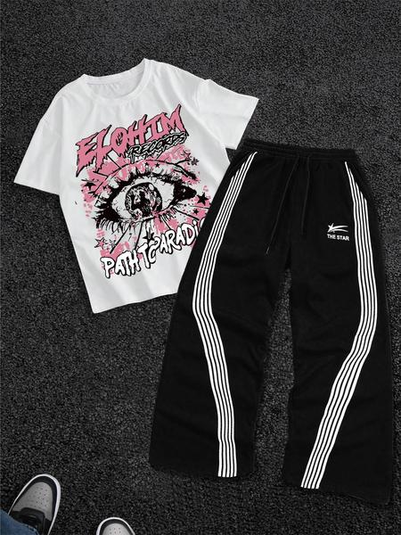 Men's Street Style Short Sleeve Striped Straight Leg Pants Set, Letter & Eye Print, Casual Hip Hop Fashion, Spring & Fall Wear