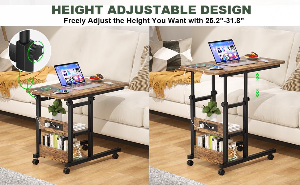 Unikito Adjustable Height OverBed Table with Hidden Wheels — Standing Rolling Desk with Cup Holder for Hospital, Home, Office, Outdoor, viral table