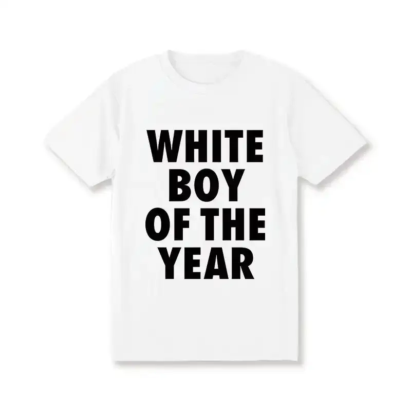Men's Soft Pure Cotton Oversized Crew Neck Short-Sleeve Graphic Print T-Shirt - 'White Boy Of The Year' Slogan, Multi-Size Unisex Wear, Casual Streetwear Top, Classic Digital Print Minimalist Menswear Fabric, Pure Cotton T-Shirts