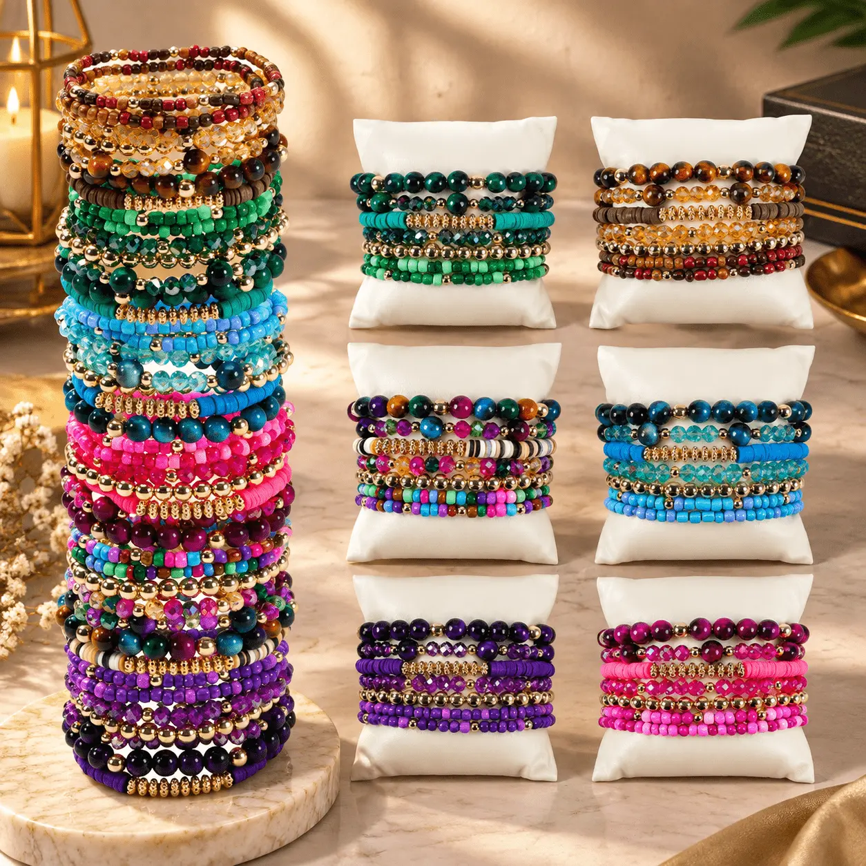 7/14/28Pcs Colorful Stackable Beaded Bracelets, Multi Layered Stretch Bead Bracelet Set, Boho Ethnic Statement Wristbands for Women Multi-Item Party Favor Packs