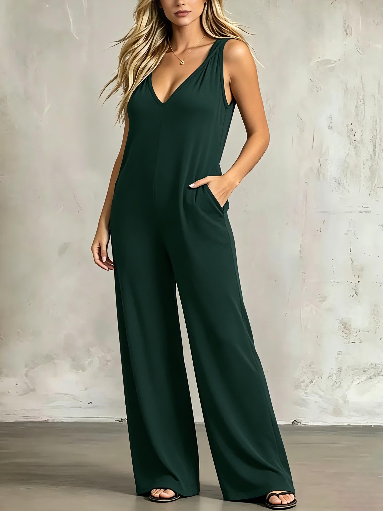 Lazy Style Sleeveless Hooded V-Neck Jumpsuit, Chic Minimalist Lightweight Loose Wide Leg with Pockets, Casual Home Wear, Comfortable and Stylish