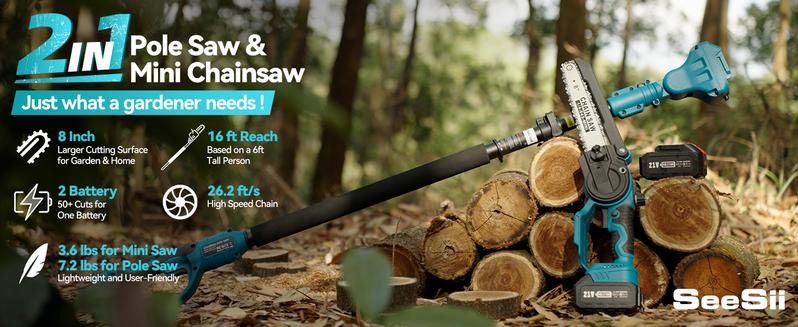 SeeSii 2 in 1 Cordless Pole Saw & Mini Chainsaw with 2 Batteries, Power Electric Polesaw for Tree Trimming, Chain Saw with Extension Pole, 16ft Reach, Limb Branch Cutter Pruner CH800   #TikTokShopBlackFriday