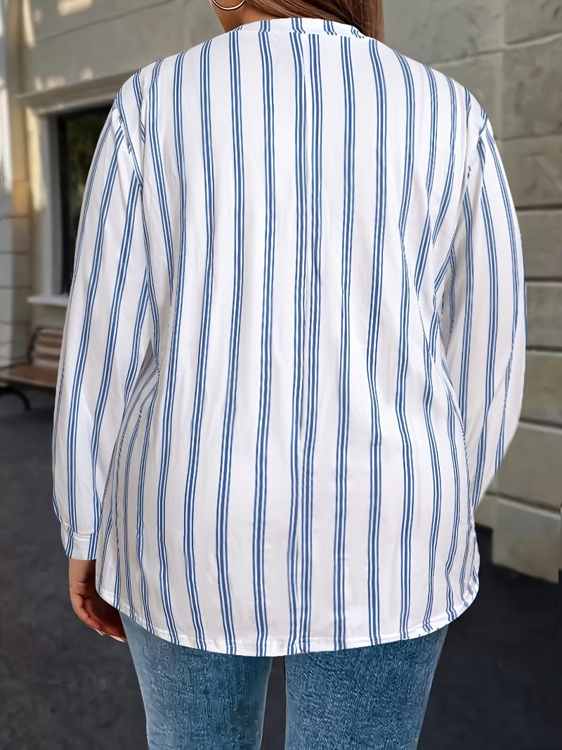 Elegant Plus Size Women's Striped Bishop Sleeve Blouse, Stylish Lapel Collar Decorative Button Shirt, Fashionable Casual Top