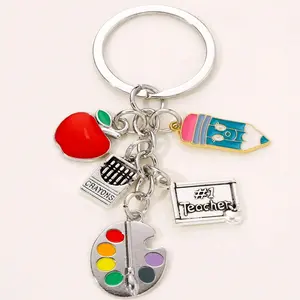 Drip Pencil Silvery Red Apple Sketch Keychain Teacher and Classmate Key Chain Five-section Chain Graduation Season Keychain Car Fan Key Chain