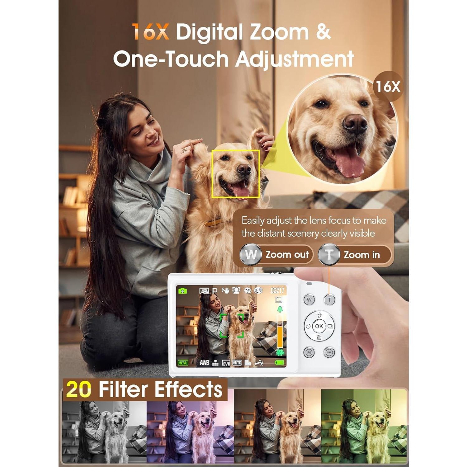 Digital Camera,Autofocus 4K 48MP Vlogging Camera for Photography,32GB Card | Portable Compact Point and Shoot Digital Camera for Teens Adult Beginner with 16X Zoom,Anti-Shake,2 (White)