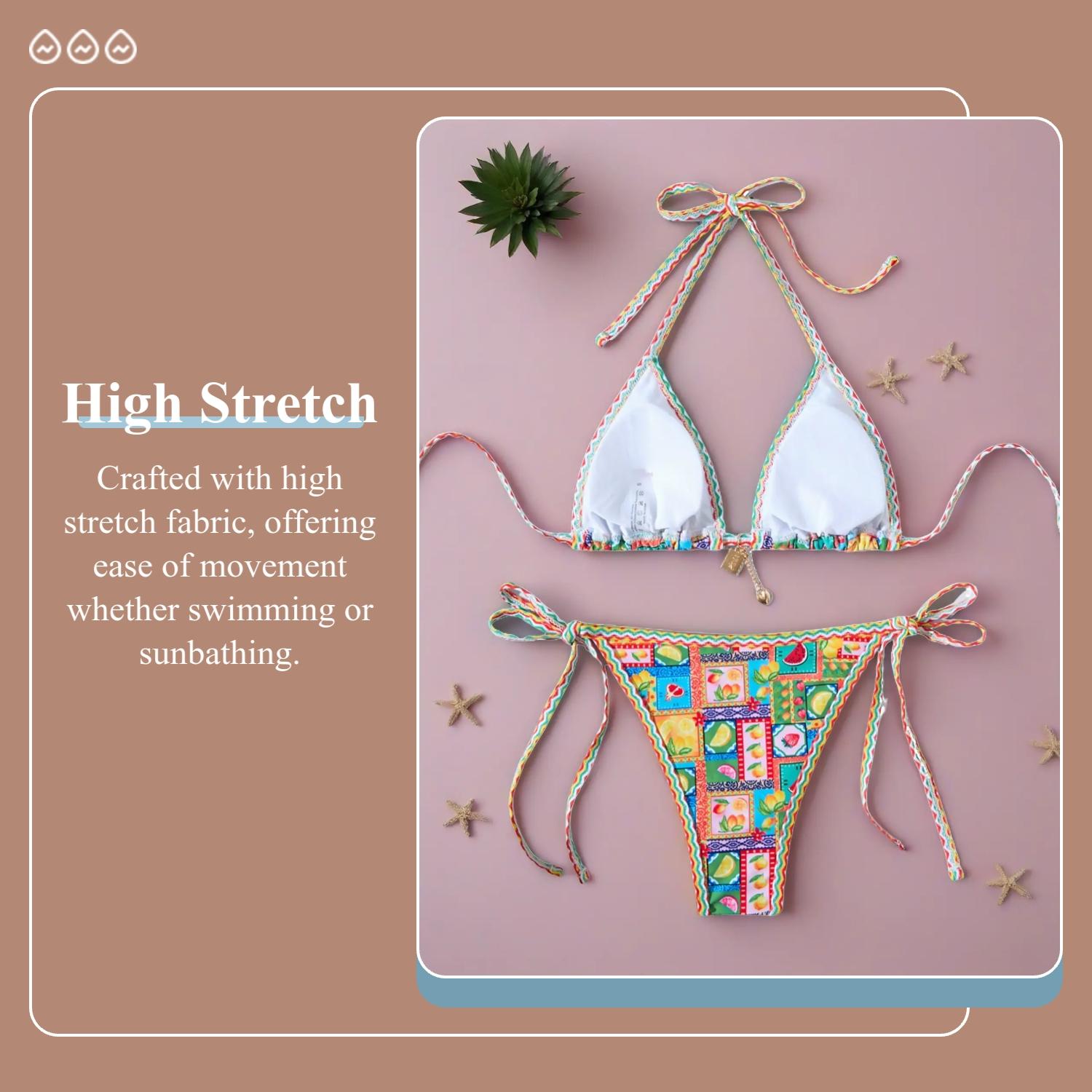 Two-Piece Set Women's Fruit Print Pendant Decor Halter Triangle Bikini Set for Beach Holiday Vacation, Ladies Swimwear for All Seasons, High Stretch Bikini