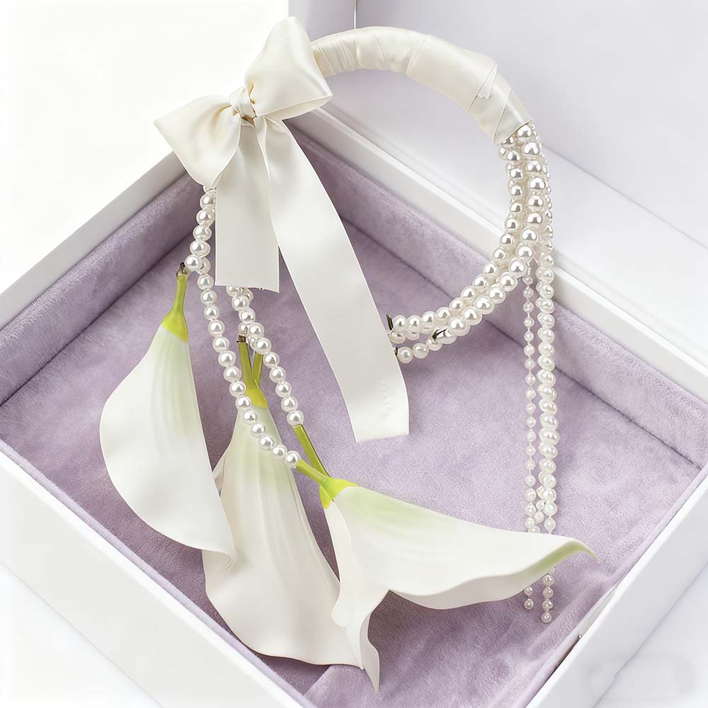 Lily and Pearl Bride Wrist Corsage, 37cm Artificial Flower Handheld Ring, Wedding Ceremony Engagement Party Decoration