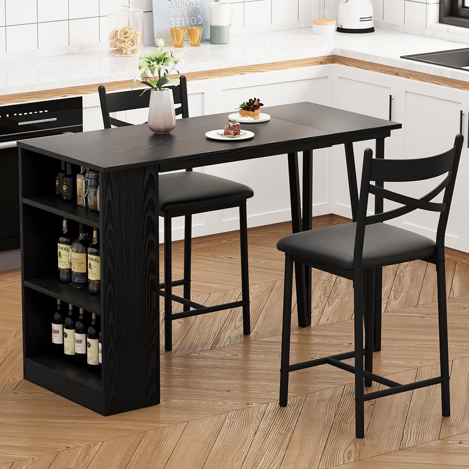 3-Piece Dining Table Set, Counter Height Kitchen Table Set for 2 with 3 Storage Shelves, Expandable Bar Table with 2 Cushioned Chairs for Small Spaces, Apartment