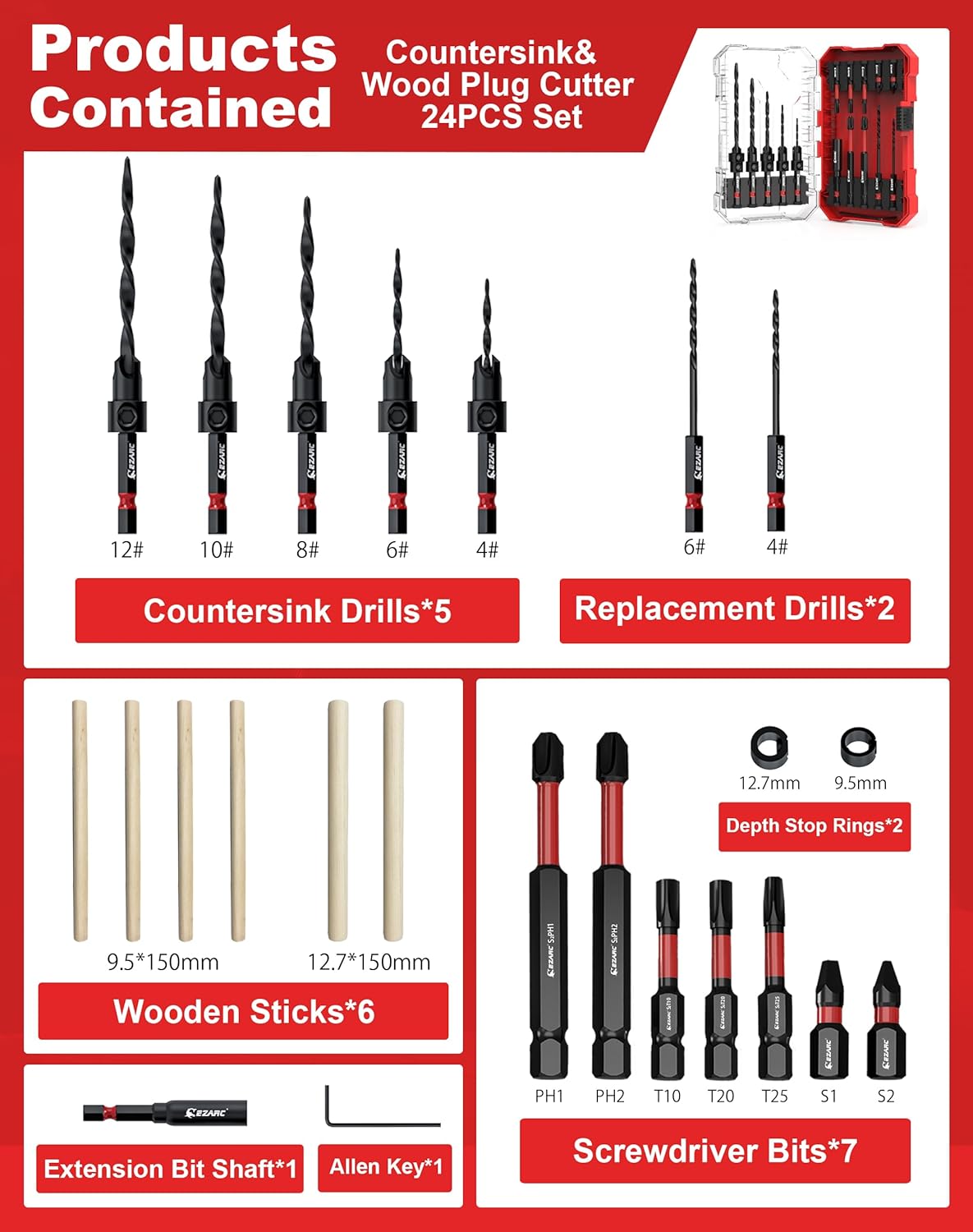 EZARC Wood Countersink Drill Bit Set With 1/4" Hex Shank for Woodworking, Quick Change for Woodworking with Storage Box, Christmas Gift