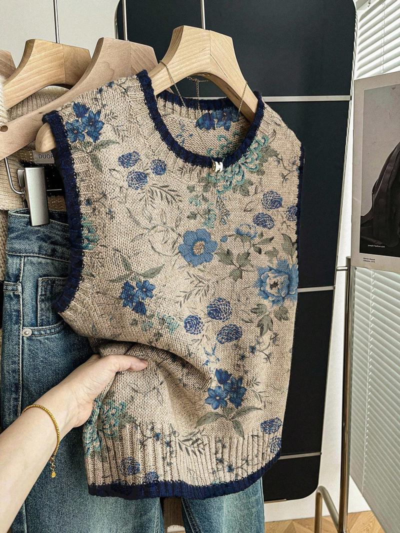 Women's Casual Loose-Fitting Round Neck Sleeveless Knit Top, Casual Comfy Vests, Deep Blue Color Block Print, Fall & Winter Fashion, Outerwear