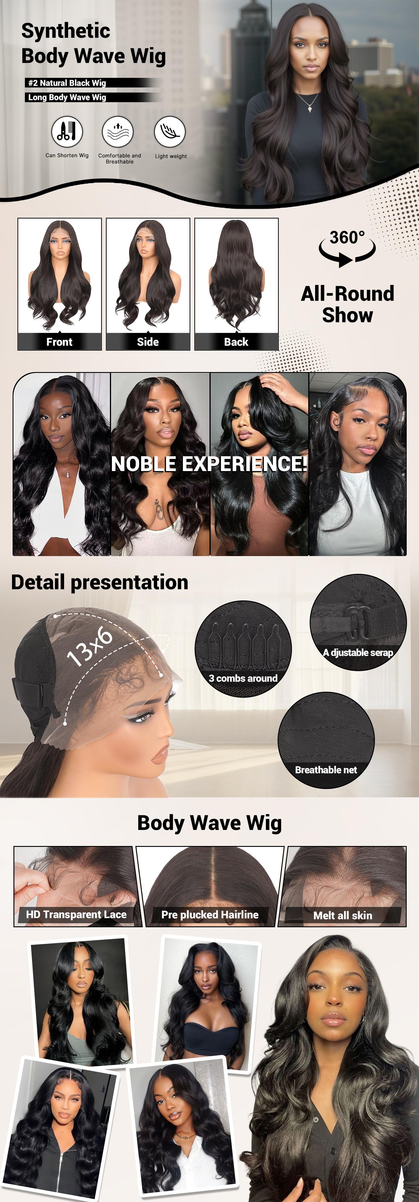 Synthetic Lace Front Wig Body Wave Glueless Wig 13x6 HD Lace Front Pre Plucked Natural Hairline Black Wigs For Black Women