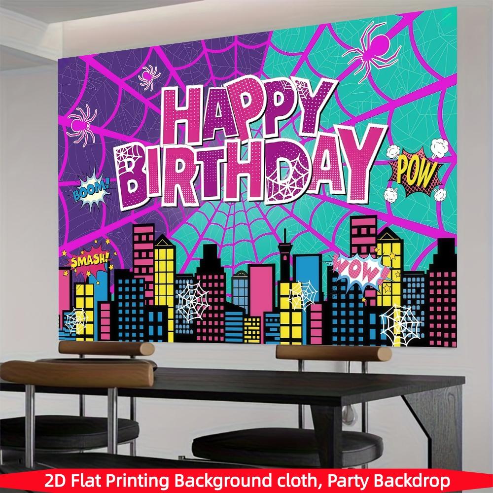 Pink Spider Web Happy Birthday Photography Background, City Skyline Architectural Background Photo Booth Prop, Polyester Material, Suitable for Photo Booth, Party, Birthday, Celebration, and Indoor/Outdoor Family Birthday Party Decoration
