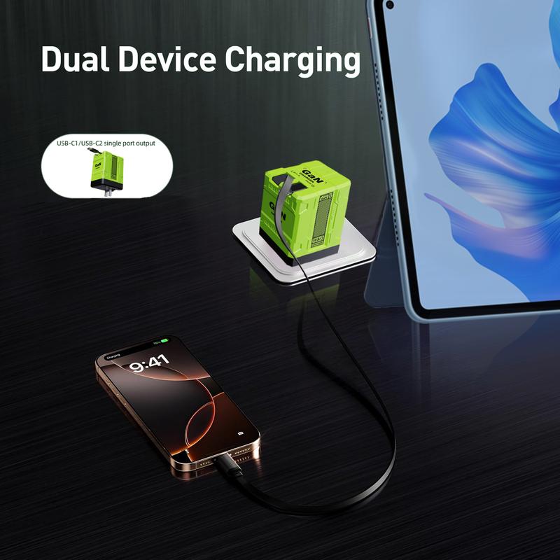 [Buy 1 get 1 free] 2 in 1 GaN Charger 120W Fast Charging Type C Lightning Retractable Wall Foldable Plug for iPhone Samsung Galaxy iPad MacBook Travel Friendly Compact Safe Tech Gift